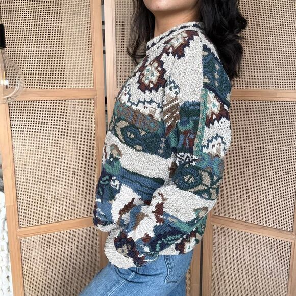 Vintage 90s Signatures Northern Isles Horse Motif Portrait Green Hand Knitted Sw - Picture 2 of 5